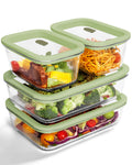 4-Pack Glass Container Set (2x 4.6 Cup & 2x 9.3 Cup), Ultimate Food Storage & Meal Prep with Easy-Open Valve, Tempered Glass Lids, Leakproof, Freezer to Oven Safe（Green）