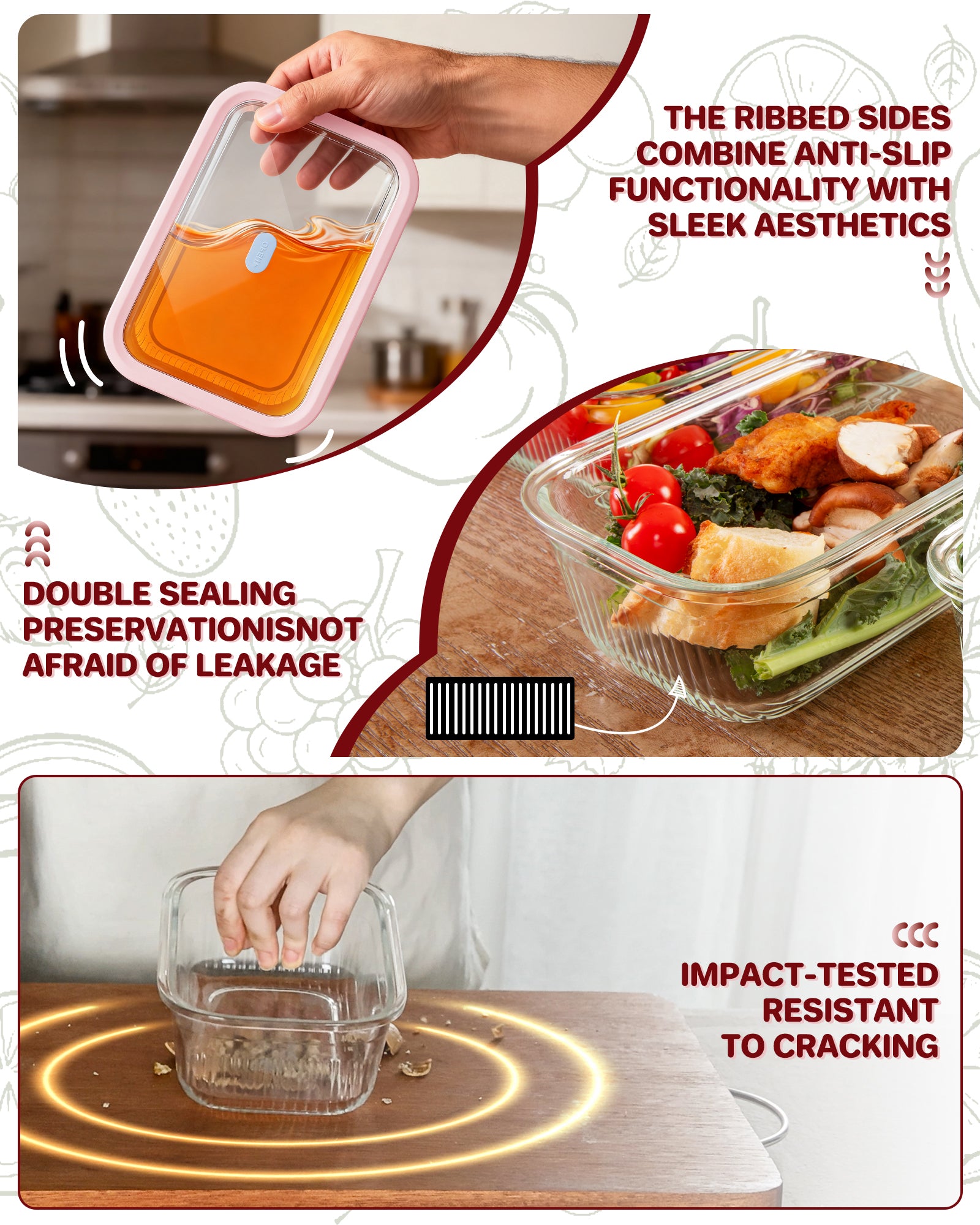 4-Pack Glass Food Storage Containers with Tempered Glass Lids, 4.6 Cup (37.2oz) Airtight, Oven & Microwave Safe (-4°F~950°F), Leakproof Meal Prep & Lunch Containers（Pink）