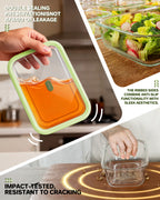 2 Pack Glass Food Storage Containers with Tempered Glass Lids & Steam Valve, 74oz(9.3 Cup) Airtight Leak-Proof Meal Prep Containers for Microwave/Oven/Freezer, Borosilicate Glass, Gift Box(Green)