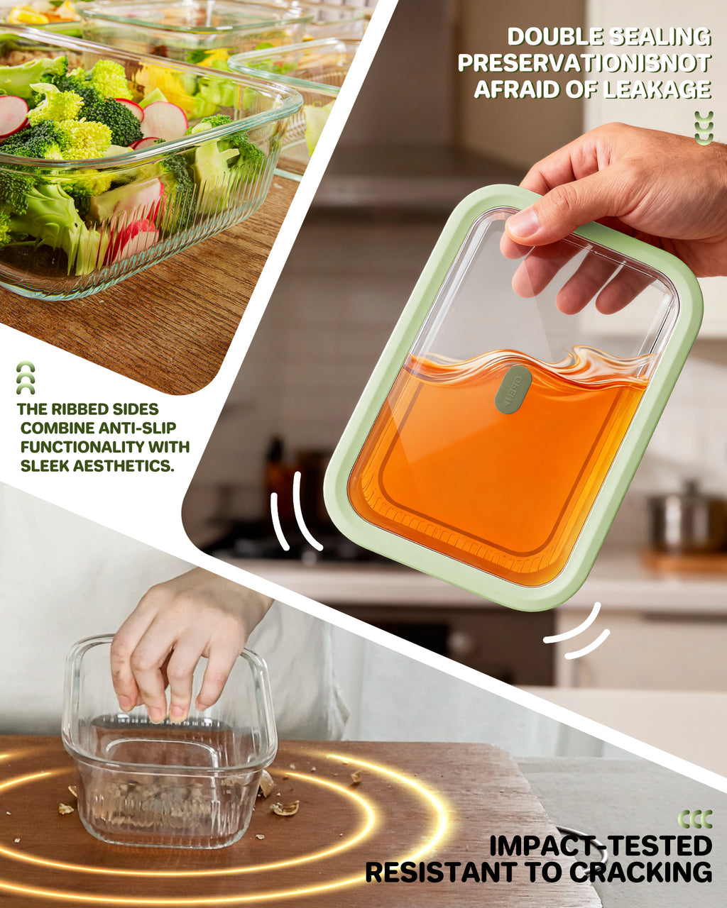 4-Pack Glass Container Set (2x 4.6 Cup & 2x 9.3 Cup), Ultimate Food Storage & Meal Prep with Easy-Open Valve, Tempered Glass Lids, Leakproof, Freezer to Oven Safe（Green）