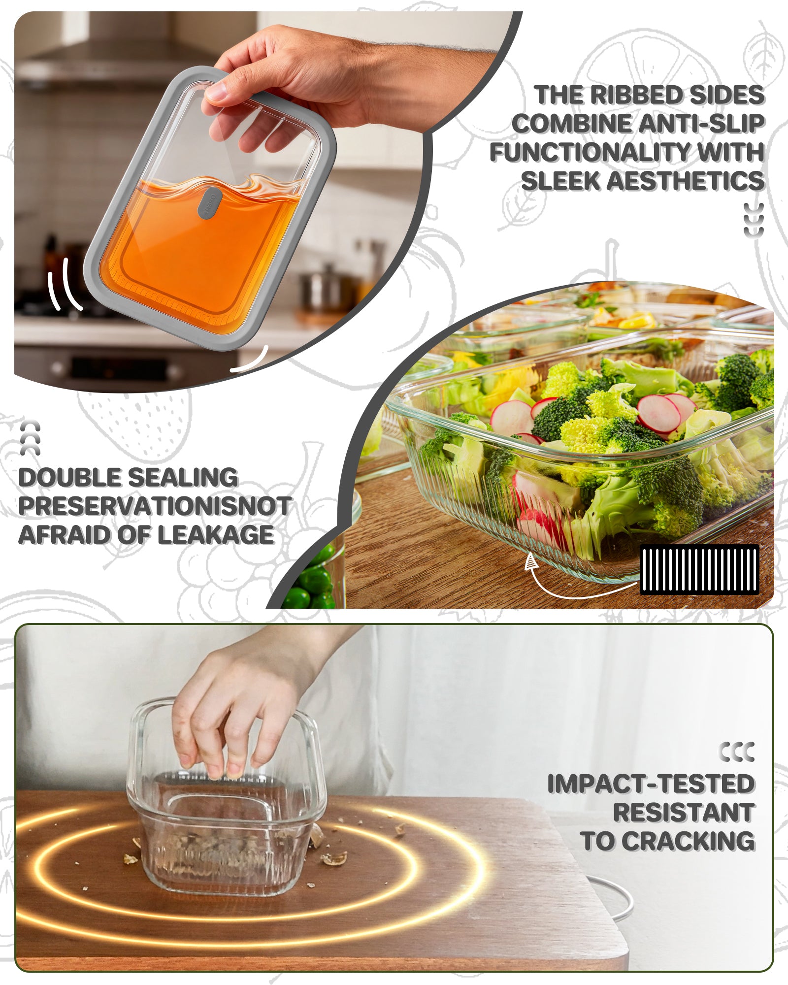 4-Pack Glass Food Storage Containers with Tempered Glass Lids, 4.6 Cup (37.2oz) Airtight, Oven & Microwave Safe (-4°F~950°F), Leakproof Meal Prep & Lunch Containers