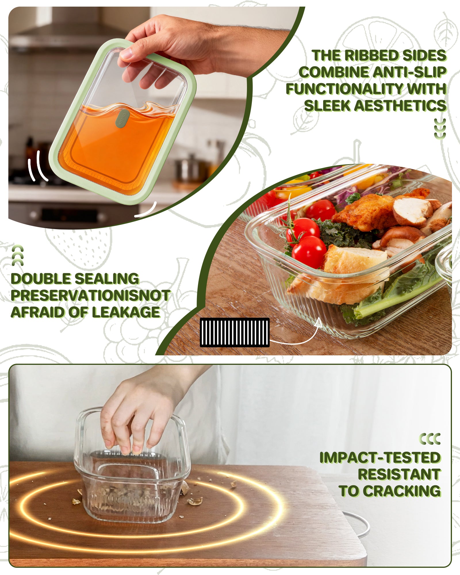 4-Pack Glass Food Storage Containers with Tempered Glass Lids, 4.6 Cup (37.2oz) Airtight, Oven & Microwave Safe (-4°F~950°F), Leakproof Meal Prep & Lunch Containers（Green）