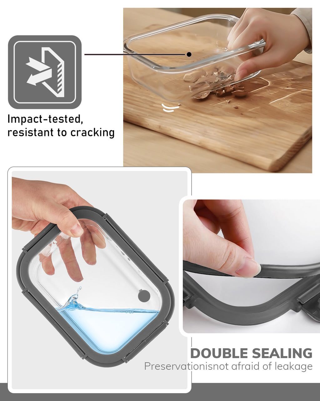 2-Pack Food Storage Containers Glass Containers with Lids BPA Free, Leak Proof Food Container（Gray）