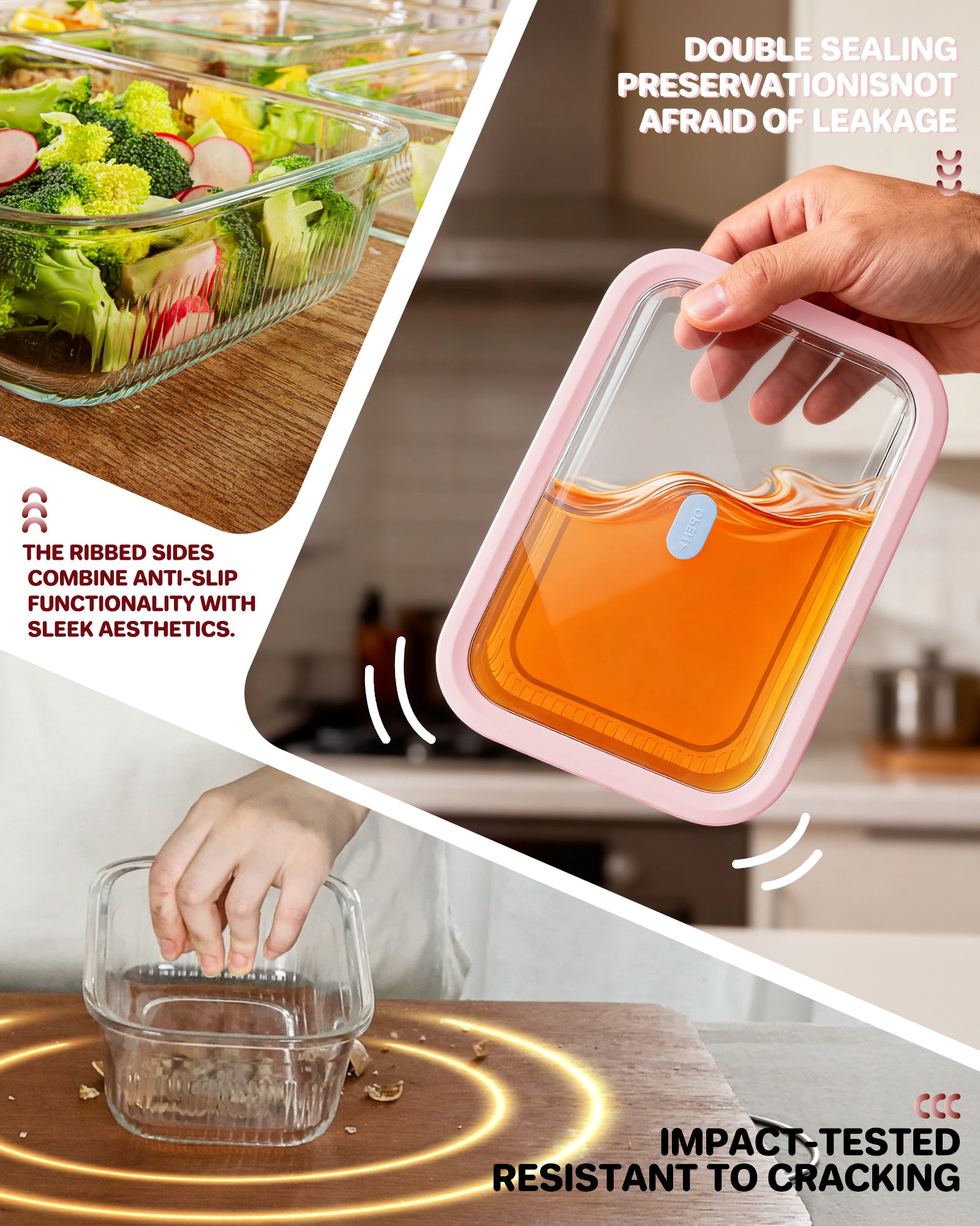 4-Pack Glass Food Storage Containers with Tempered Glass Lids, 2x 4.7 Cup & 2x 9.3 Cup, Airtight, Oven & Microwave Safe Borosilicate Glass (-4°F to 950°F) Pink
