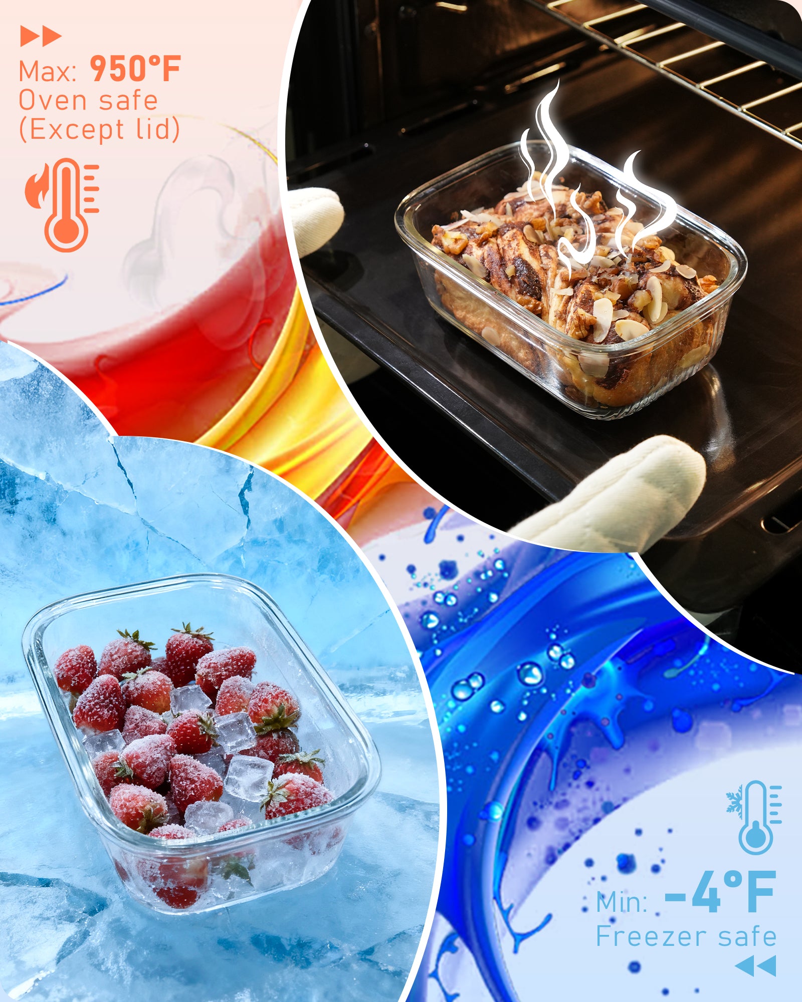 4-Pack Glass Food Storage Containers with Tempered Glass Lids, 4.6 Cup (37.2oz) Airtight, Oven & Microwave Safe (-4°F~950°F), Leakproof Meal Prep & Lunch Containers