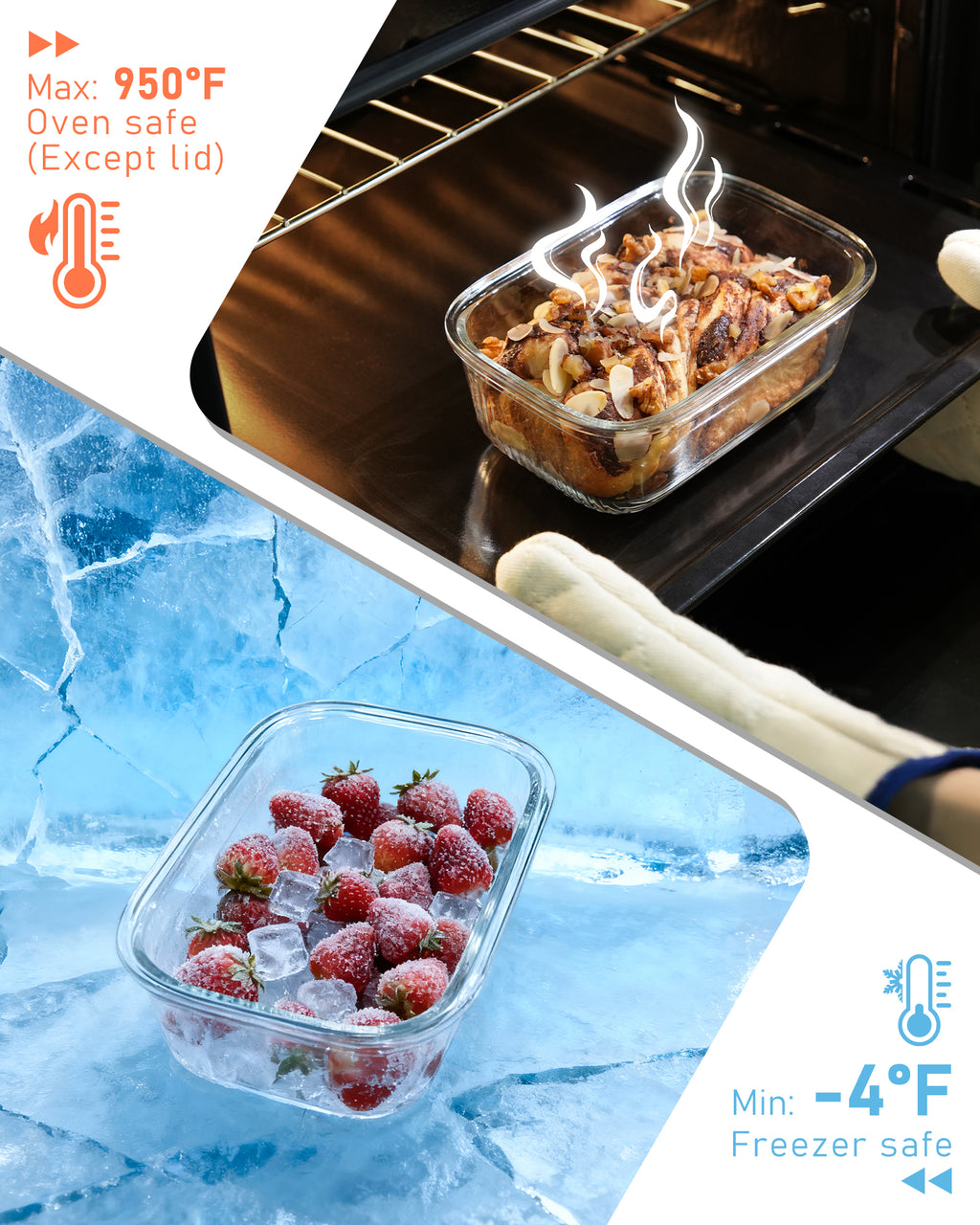 4-Pack Glass Food Storage Containers with Tempered Glass Lids, 2x 4.7 Cup & 2x 9.3 Cup, Airtight, Oven & Microwave Safe Borosilicate Glass (-4°F to 950°F)