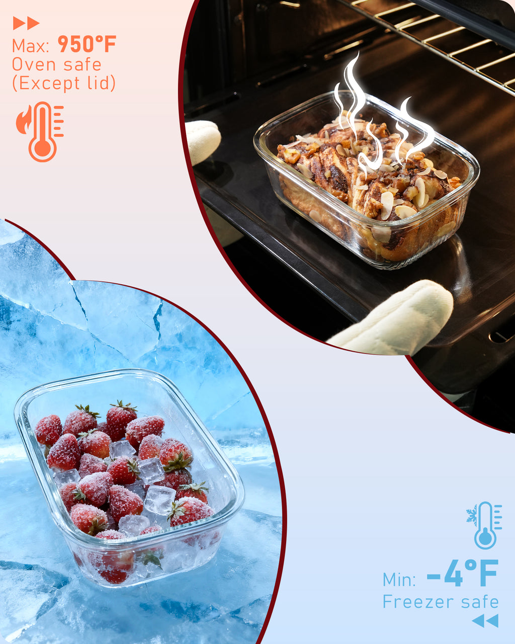 4-Pack Glass Food Storage Containers with Tempered Glass Lids, 4.6 Cup (37.2oz) Airtight, Oven & Microwave Safe (-4°F~950°F), Leakproof Meal Prep & Lunch Containers（Pink）
