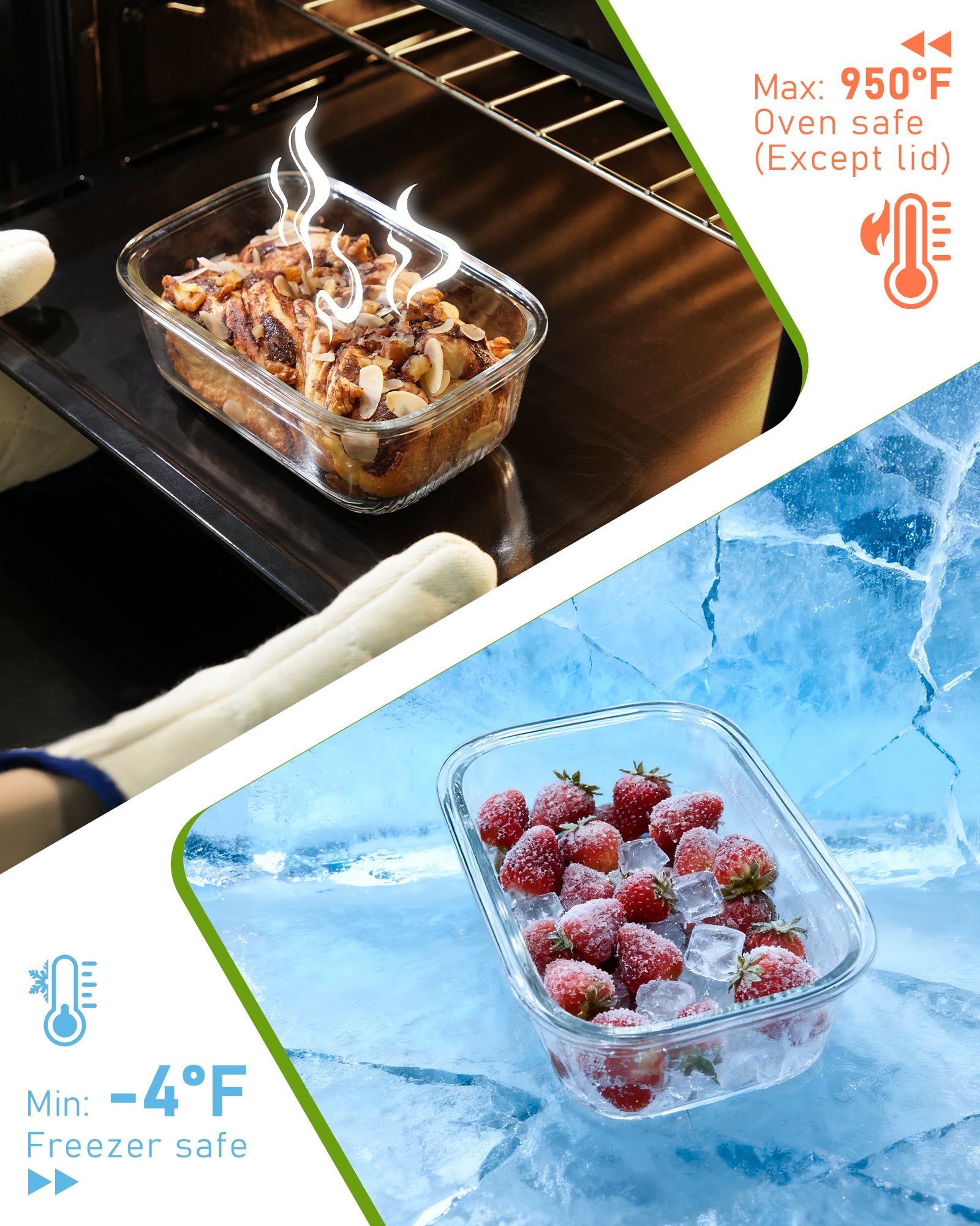 4-Pack Glass Container Set (2x 4.6 Cup & 2x 9.3 Cup), Ultimate Food Storage & Meal Prep with Easy-Open Valve, Tempered Glass Lids, Leakproof, Freezer to Oven Safe（Green）