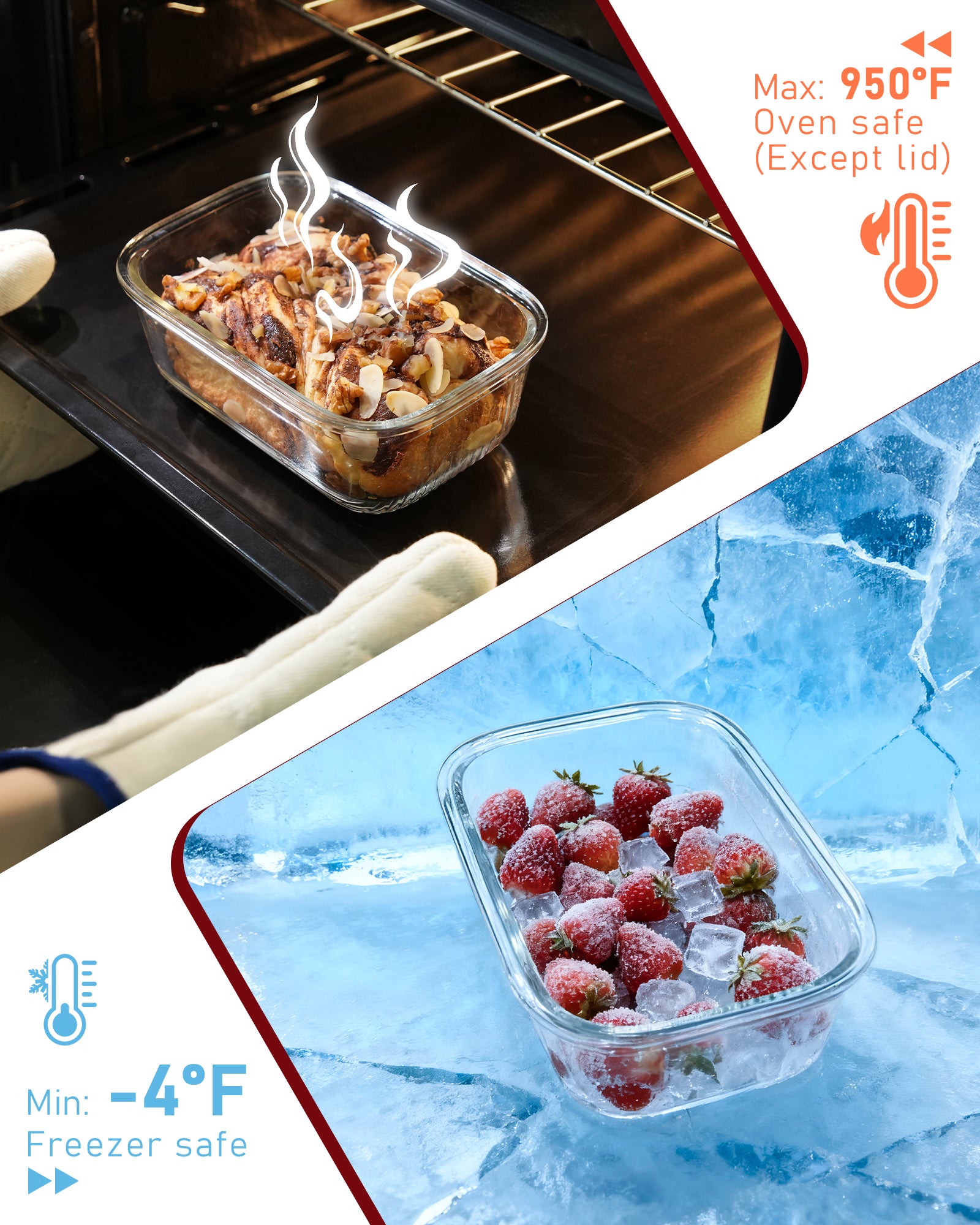 4-Pack Glass Food Storage Containers with Tempered Glass Lids, 2x 4.7 Cup & 2x 9.3 Cup, Airtight, Oven & Microwave Safe Borosilicate Glass (-4°F to 950°F) Pink