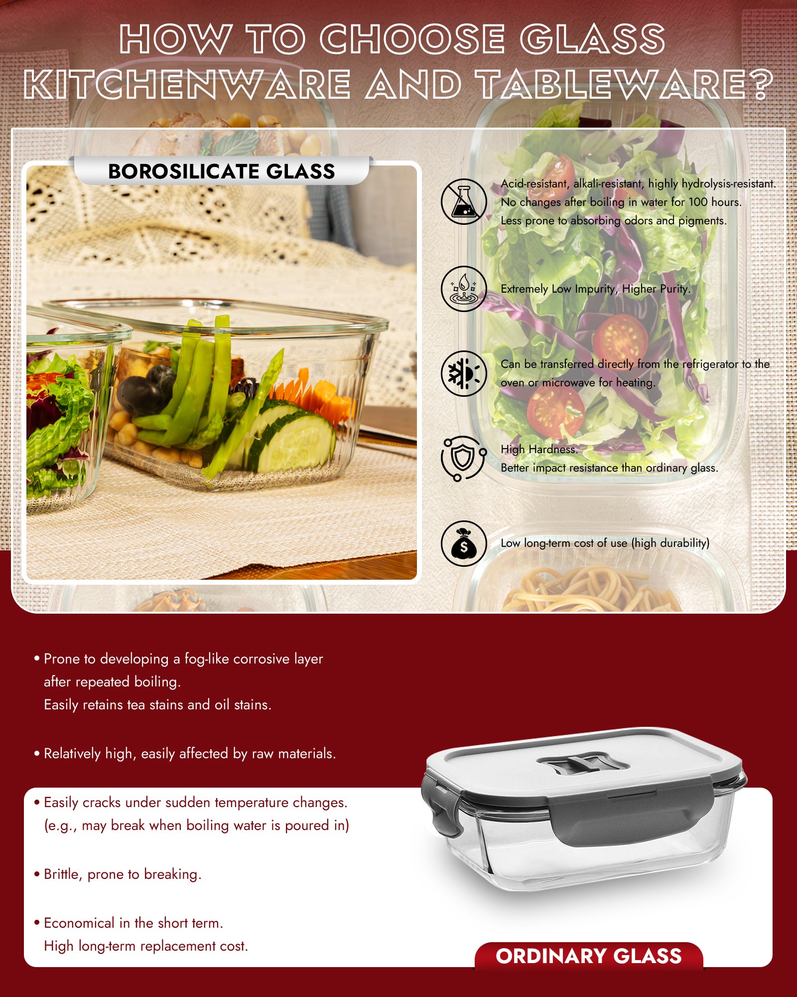 4-Pack Glass Food Storage Containers with Tempered Glass Lids, 2x 4.7 Cup & 2x 9.3 Cup, Airtight, Oven & Microwave Safe Borosilicate Glass (-4°F to 950°F) Pink