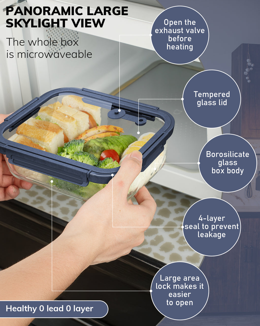 2-Pack Food Storage Containers Glass Containers with Lids BPA Free, Leak Proof Food Container（Blue）