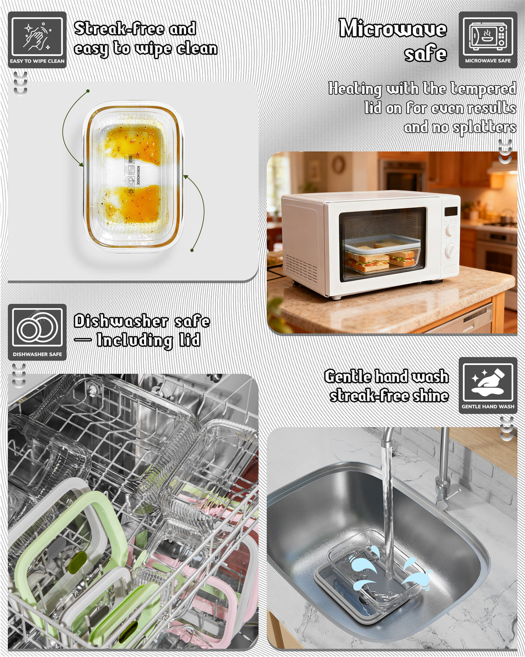 4-Pack Glass Food Storage Containers with Tempered Glass Lids, 2x 4.7 Cup & 2x 9.3 Cup, Airtight, Oven & Microwave Safe Borosilicate Glass (-4°F to 950°F)
