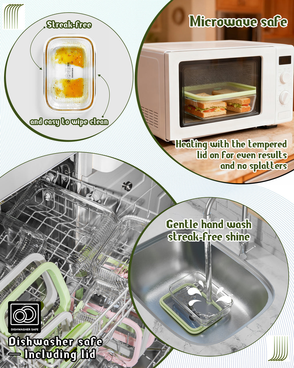 2 Pack Glass Food Storage Containers with Tempered Glass Lids & Steam Valve, 74oz(9.3 Cup) Airtight Leak-Proof Meal Prep Containers for Microwave/Oven/Freezer, Borosilicate Glass, Gift Box(Green)