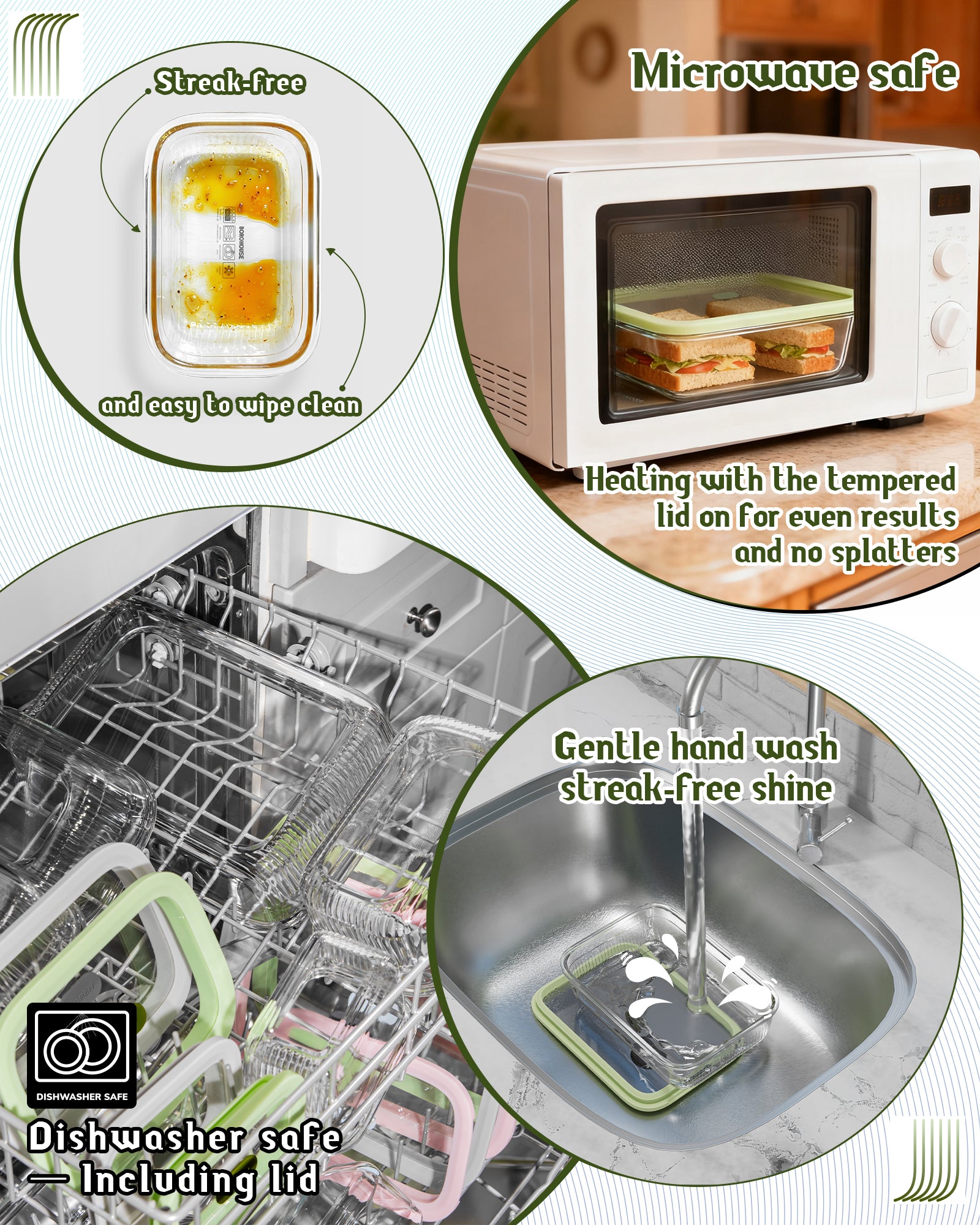 2 Pack Glass Food Storage Containers with Tempered Glass Lids & Steam Valve, 74oz(9.3 Cup) Airtight Leak-Proof Meal Prep Containers for Microwave/Oven/Freezer, Borosilicate Glass, Gift Box(Green)