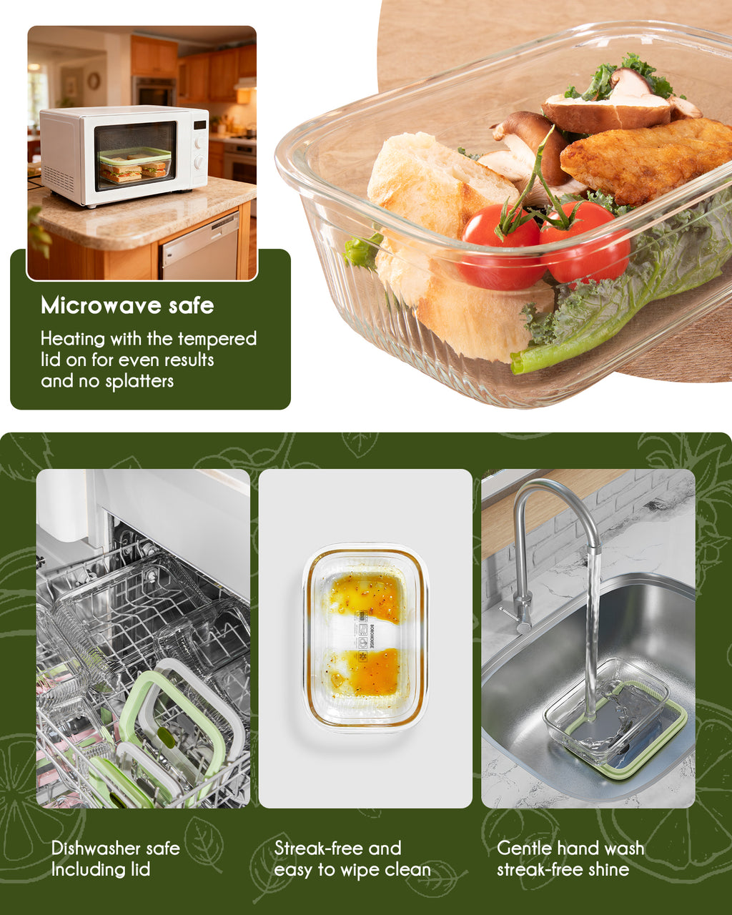 4-Pack Glass Food Storage Containers with Tempered Glass Lids, 4.6 Cup (37.2oz) Airtight, Oven & Microwave Safe (-4°F~950°F), Leakproof Meal Prep & Lunch Containers（Green）