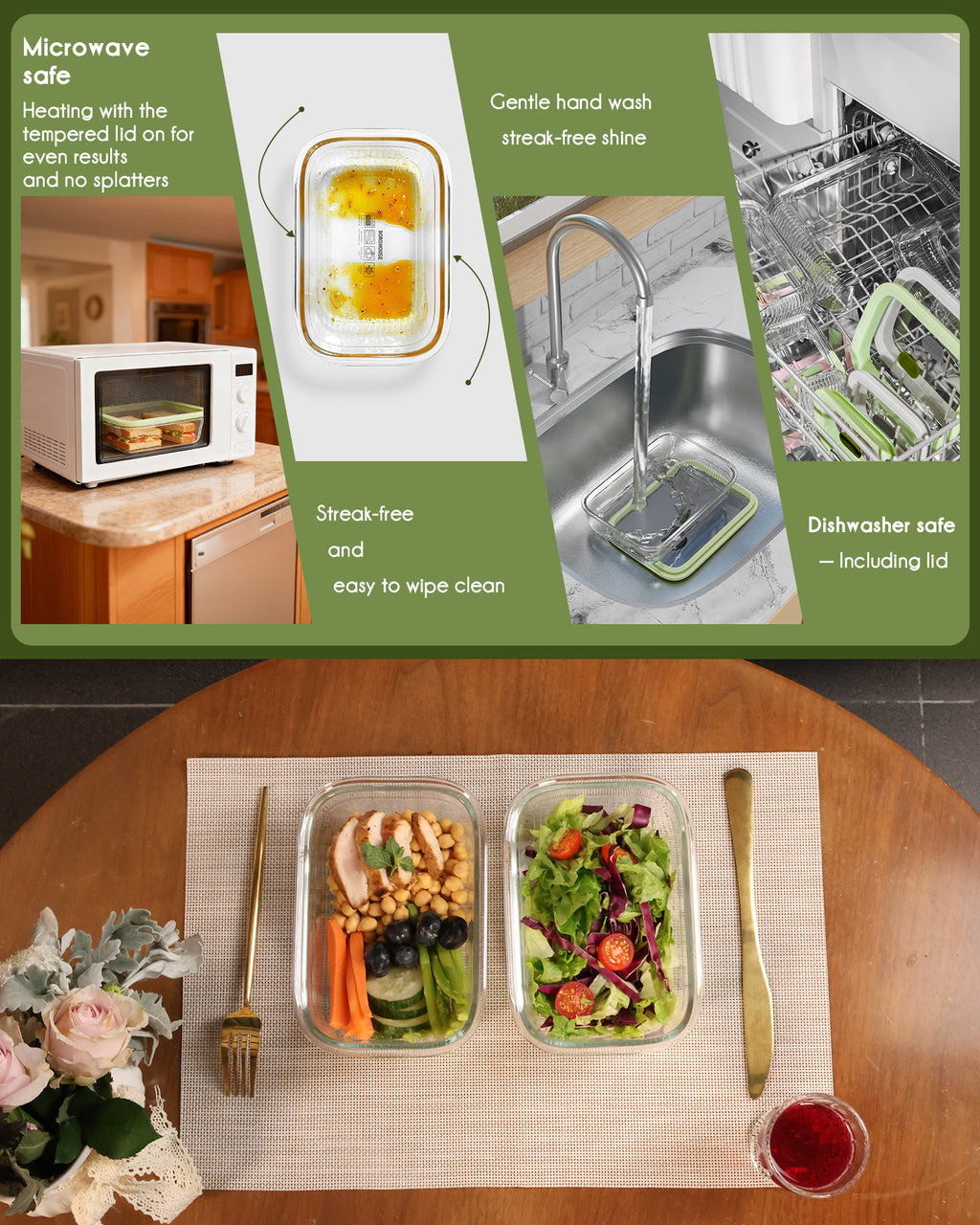 4-Pack Glass Container Set (2x 4.6 Cup & 2x 9.3 Cup), Ultimate Food Storage & Meal Prep with Easy-Open Valve, Tempered Glass Lids, Leakproof, Freezer to Oven Safe（Green）