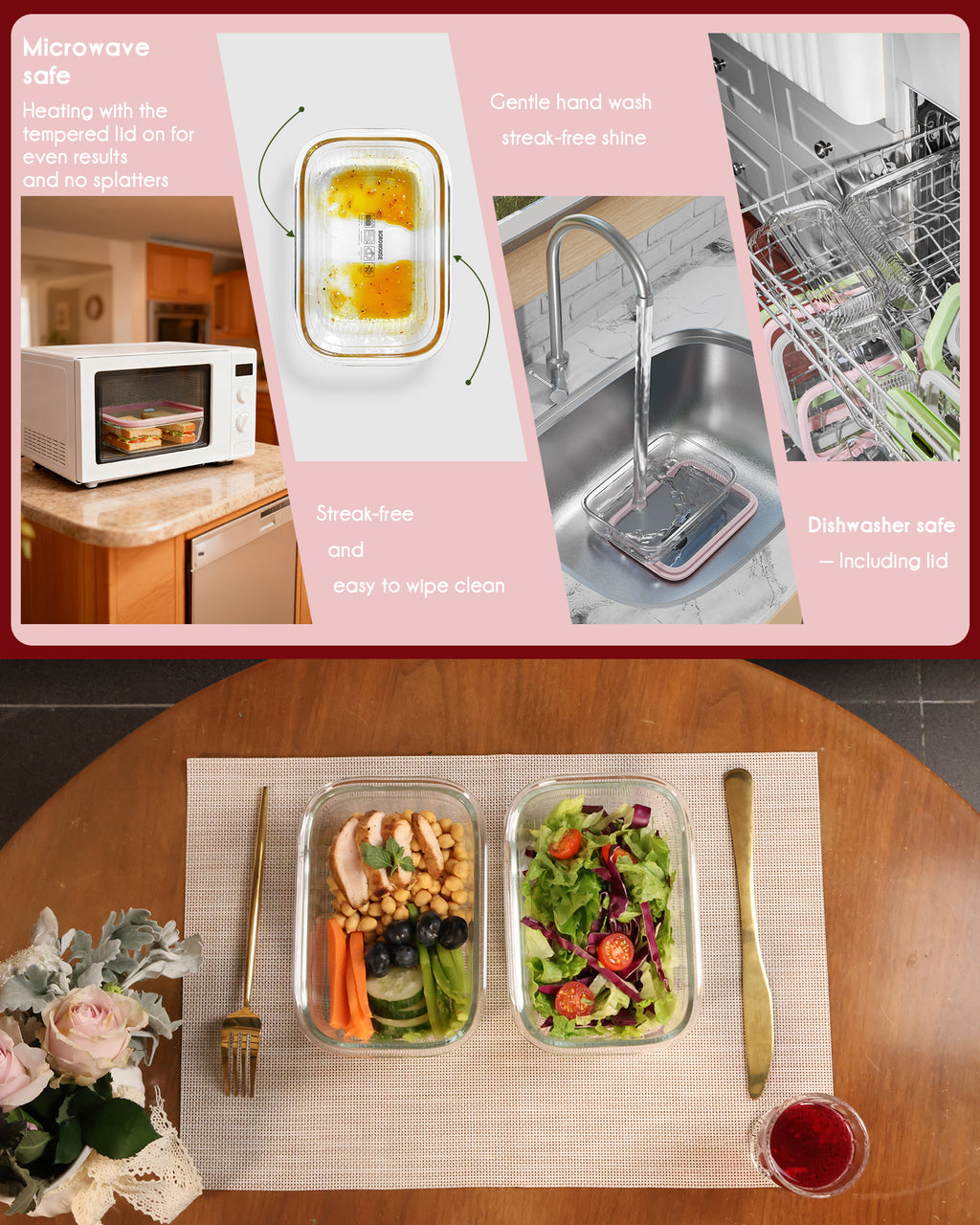 4-Pack Glass Food Storage Containers with Tempered Glass Lids, 2x 4.7 Cup & 2x 9.3 Cup, Airtight, Oven & Microwave Safe Borosilicate Glass (-4°F to 950°F) Pink