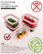4-Pack Glass Food Storage Containers with Tempered Glass Lids, 4.6 Cup (37.2oz) Airtight, Oven & Microwave Safe (-4°F~950°F), Leakproof Meal Prep & Lunch Containers（Pink）