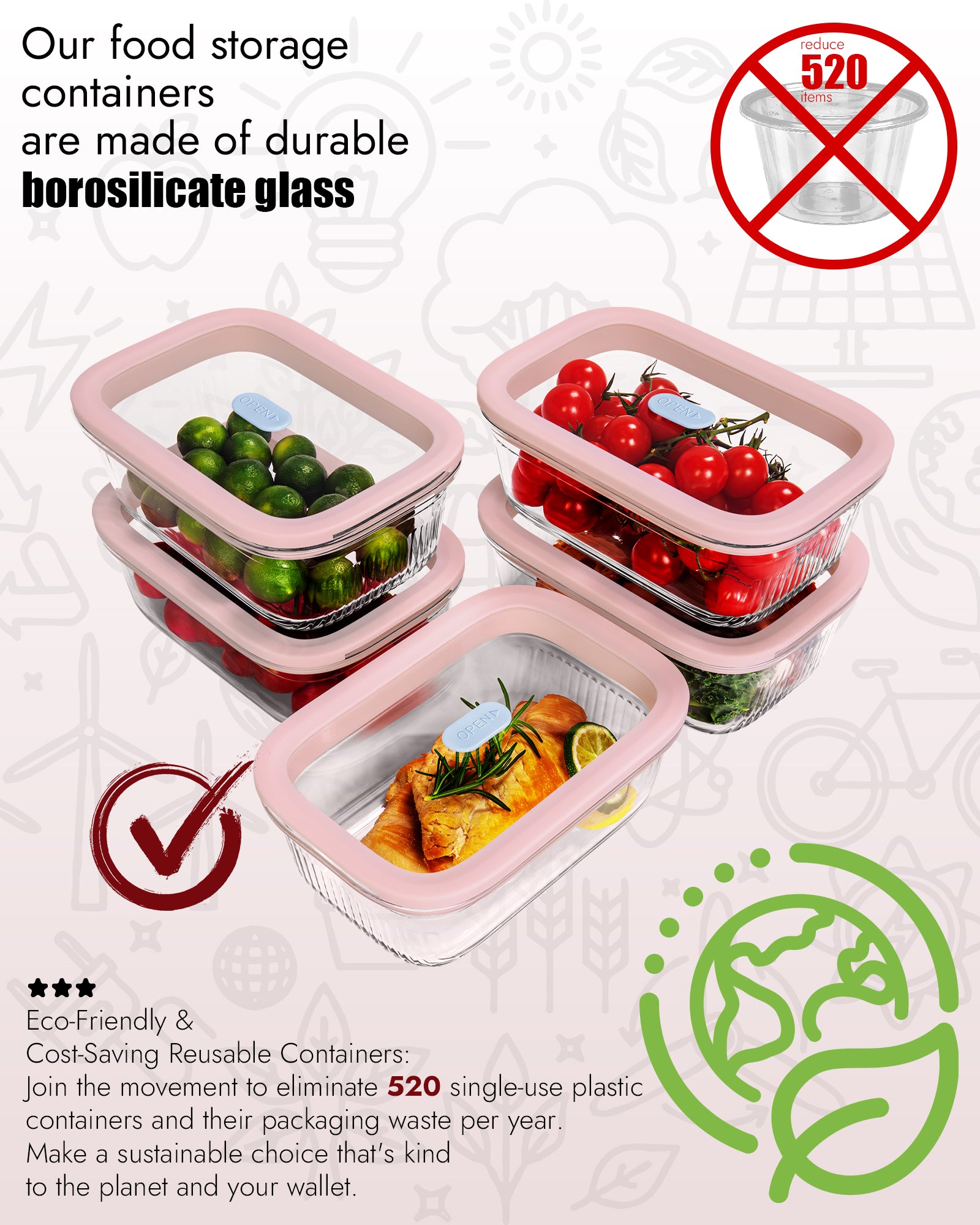 4-Pack Glass Food Storage Containers with Tempered Glass Lids, 4.6 Cup (37.2oz) Airtight, Oven & Microwave Safe (-4°F~950°F), Leakproof Meal Prep & Lunch Containers（Pink）