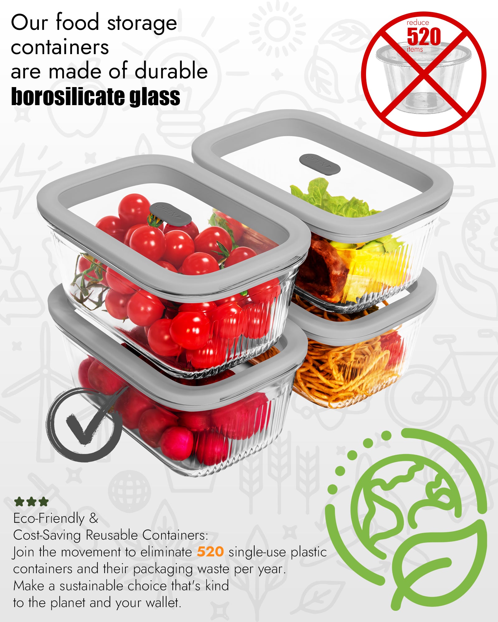 4-Pack Glass Food Storage Containers with Tempered Glass Lids, 4.6 Cup (37.2oz) Airtight, Oven & Microwave Safe (-4°F~950°F), Leakproof Meal Prep & Lunch Containers