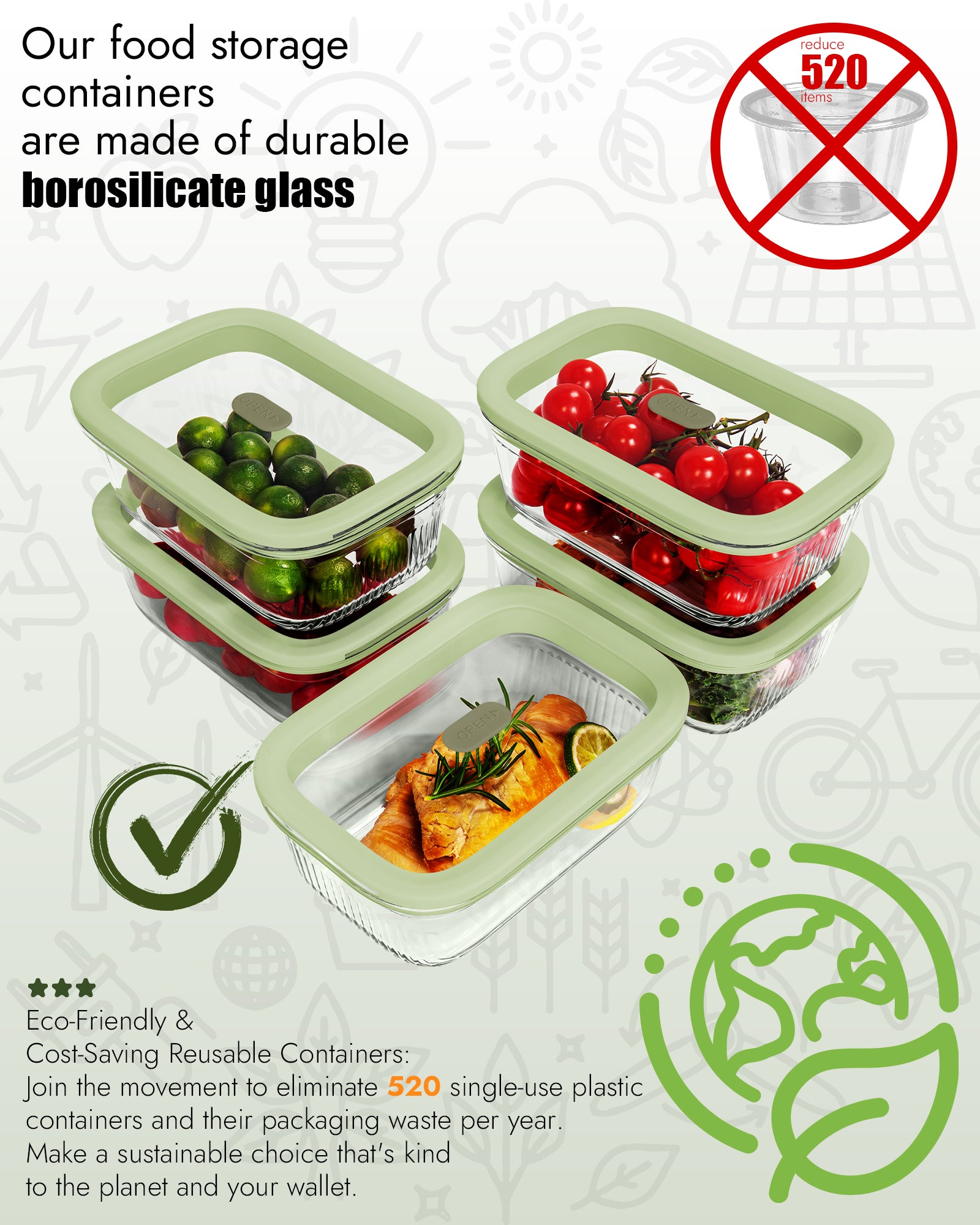 4-Pack Glass Food Storage Containers with Tempered Glass Lids, 4.6 Cup (37.2oz) Airtight, Oven & Microwave Safe (-4°F~950°F), Leakproof Meal Prep & Lunch Containers（Green）