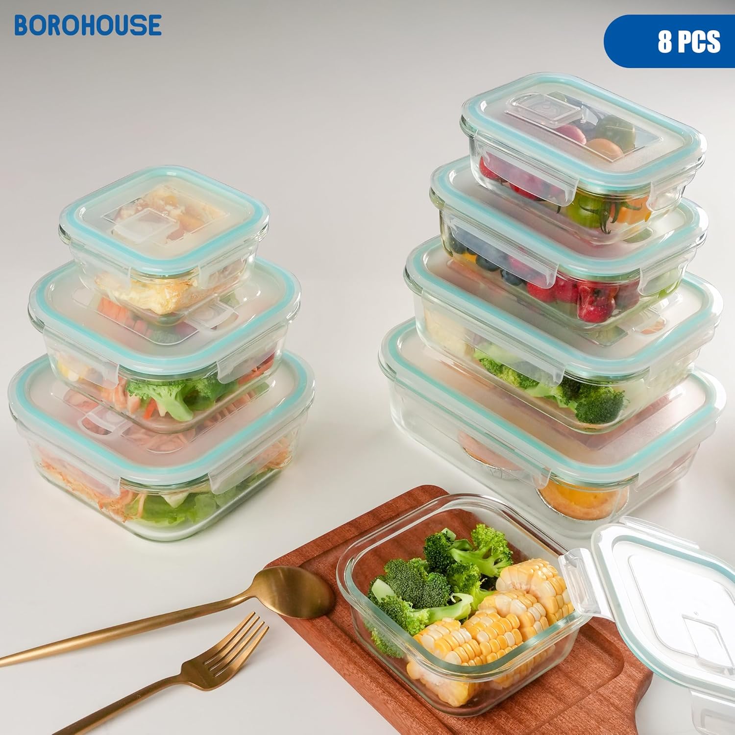 8-Piece Borosilicate Glass Food Storage Containers Set with Airtight Lids – Oven, Microwave & Freezer Safe, Leak-Proof, BPA-Free – Baking, Meal Prep & Gift Box