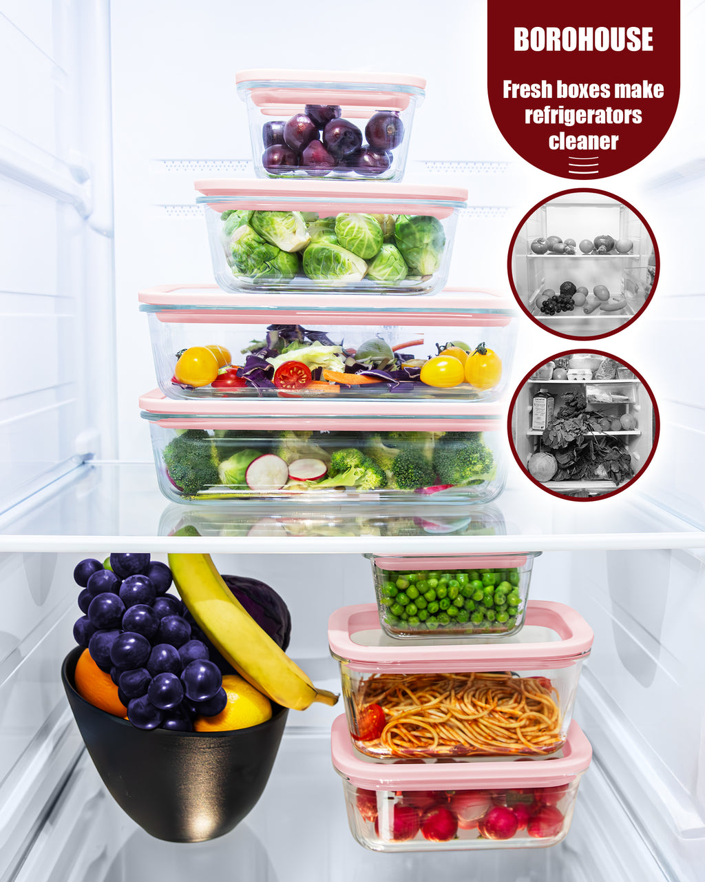2 Pack Glass Food Storage Containers with Tempered Glass Lids & Steam Valve, 74oz(9.3 Cup) Airtight Leak-Proof Meal Prep Containers for Microwave/Oven/Freezer, Borosilicate Glass, Gift Box(Pink)