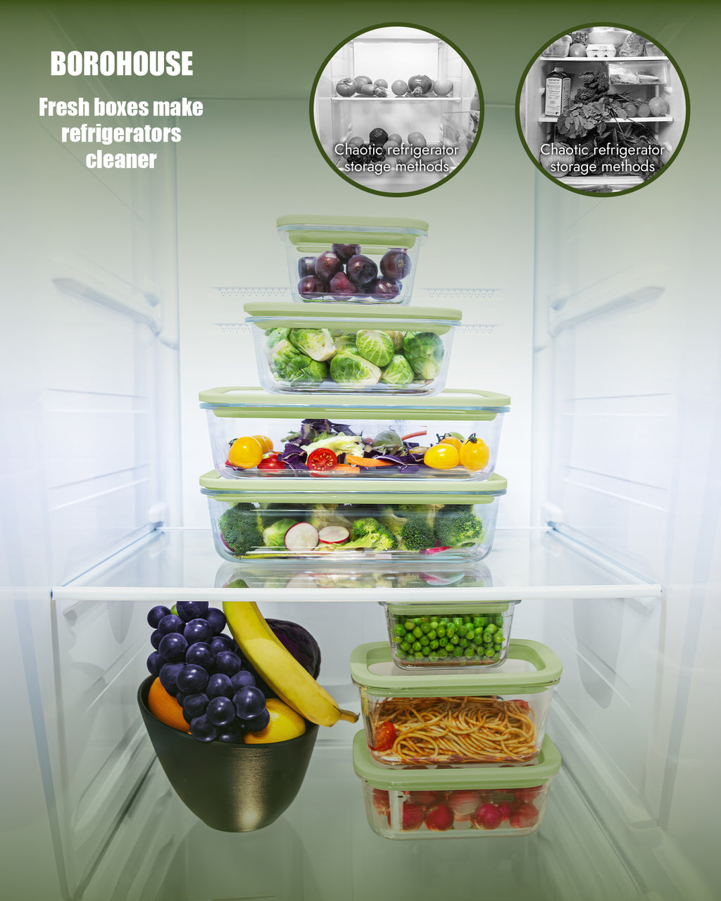 4-Pack Glass Container Set (2x 4.6 Cup & 2x 9.3 Cup), Ultimate Food Storage & Meal Prep with Easy-Open Valve, Tempered Glass Lids, Leakproof, Freezer to Oven Safe（Green）