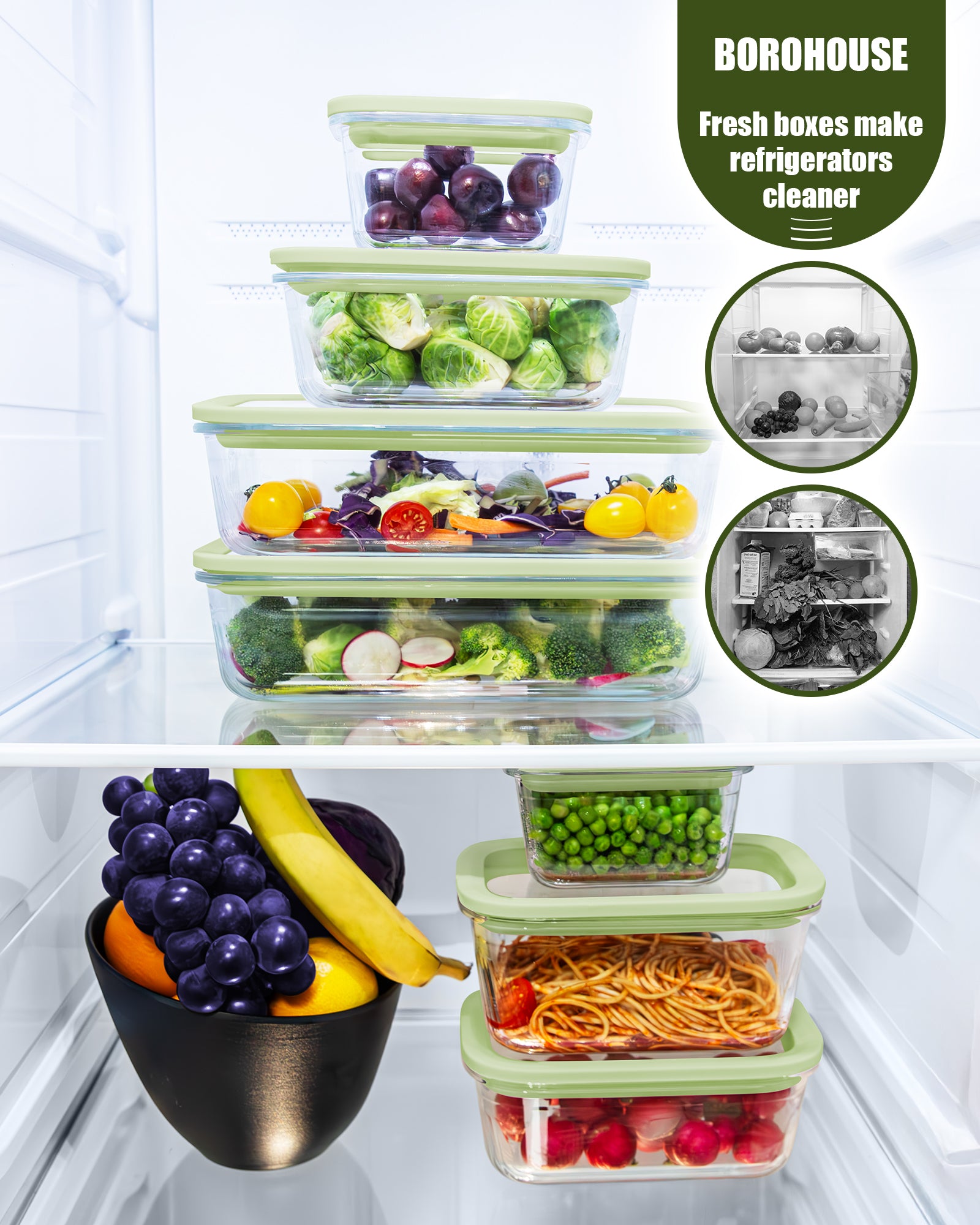 2 Pack Glass Food Storage Containers with Tempered Glass Lids & Steam Valve, 74oz(9.3 Cup) Airtight Leak-Proof Meal Prep Containers for Microwave/Oven/Freezer, Borosilicate Glass, Gift Box(Green)