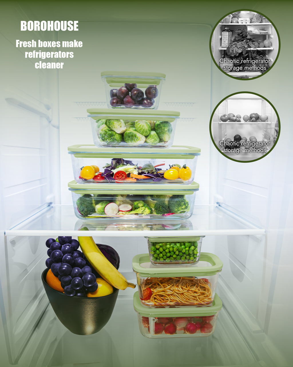 4-Pack Glass Food Storage Containers with Tempered Glass Lids, 4.6 Cup (37.2oz) Airtight, Oven & Microwave Safe (-4°F~950°F), Leakproof Meal Prep & Lunch Containers（Green）